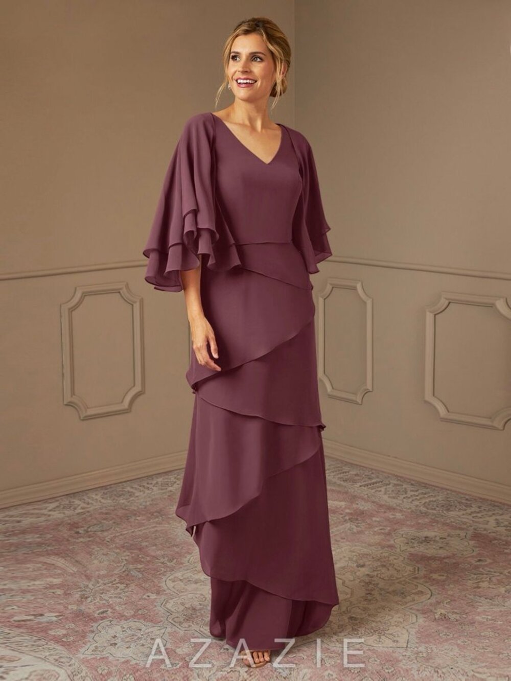 NWT Azazie OHara A-Line V-Neck Chiffon Dress Sangria